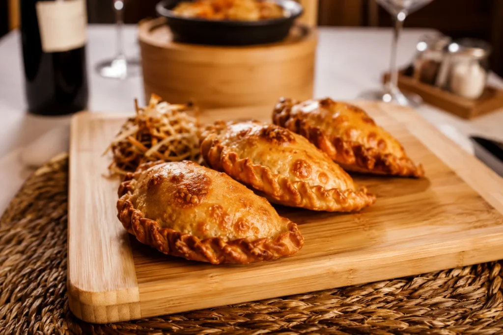 Empanadas criollas caseras servidas en tabla de madera, Milonga's Sevilla