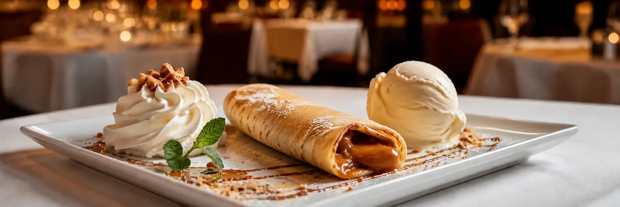 Panqueque con dulce de leche y helado, postres Milonga's