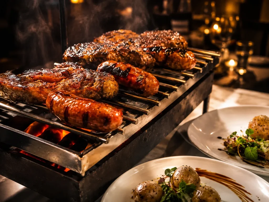 Parrillada argentina de carnes, chorizos y morcilla a la brasa para compartir, asador Milonga's Sevilla